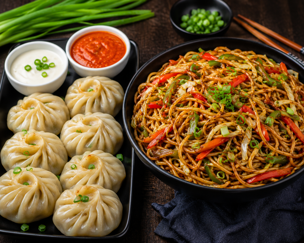 Enjoy the perfect Indo-Chinese combination of soft, juicy momos served with spicy dipping sauce and flavorful Hakka noodles stir-fried with fresh vegetables and savory sauces. A delicious meal that's perfect for lunch, dinner, or a quick snack for every food lover.